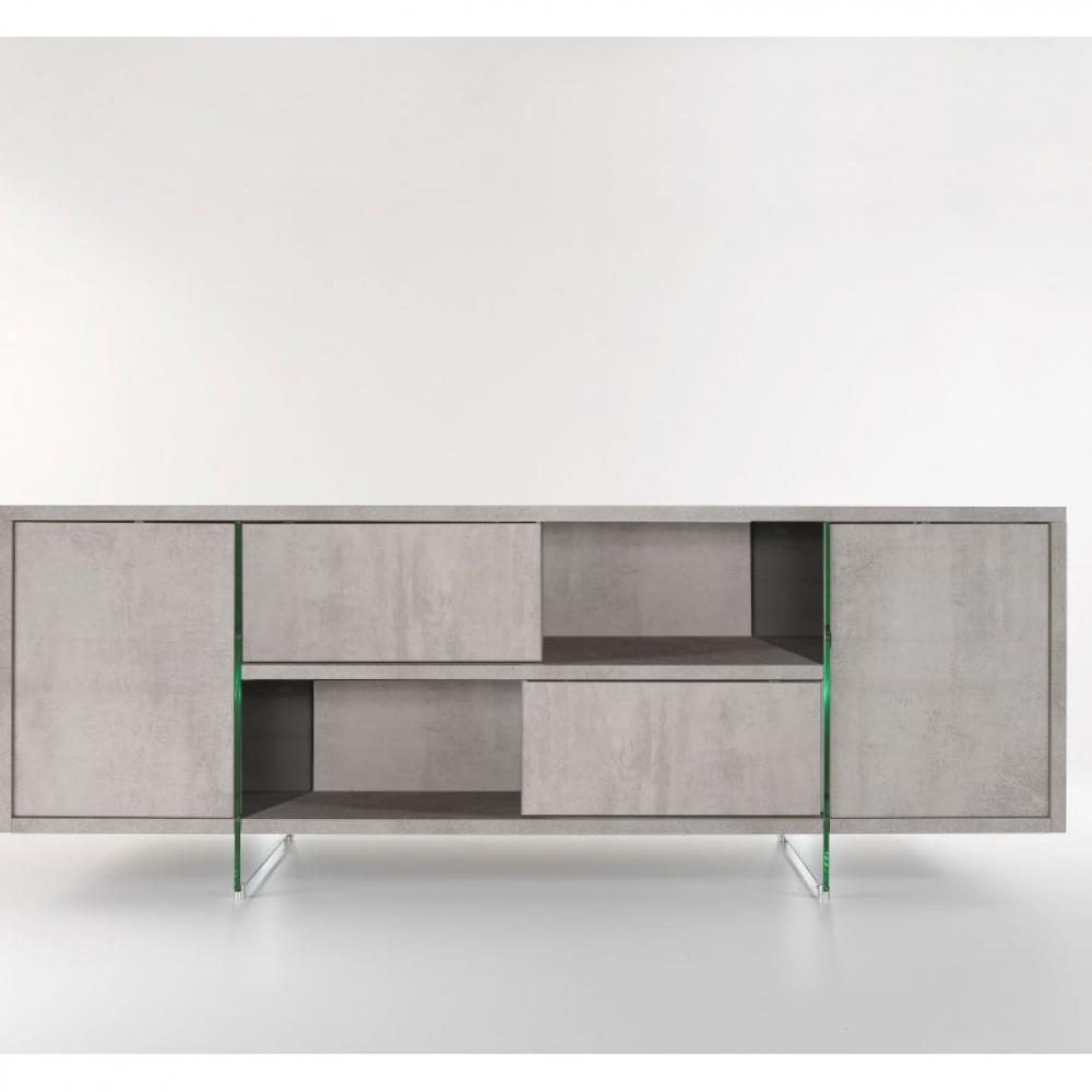 Buffet/Meuble TV design MADY 180cm gris béton  portes coulissantes et piètement en verre